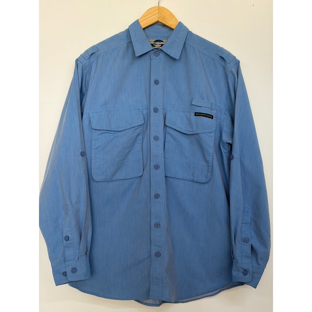Vintage ExOfficio Adventure Travel Shirt Blue Fishing Hiking Vented Long Sleeve